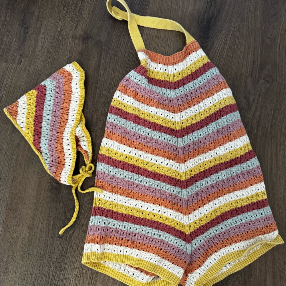 Striped Knit Halter Romper and Headscarf Set